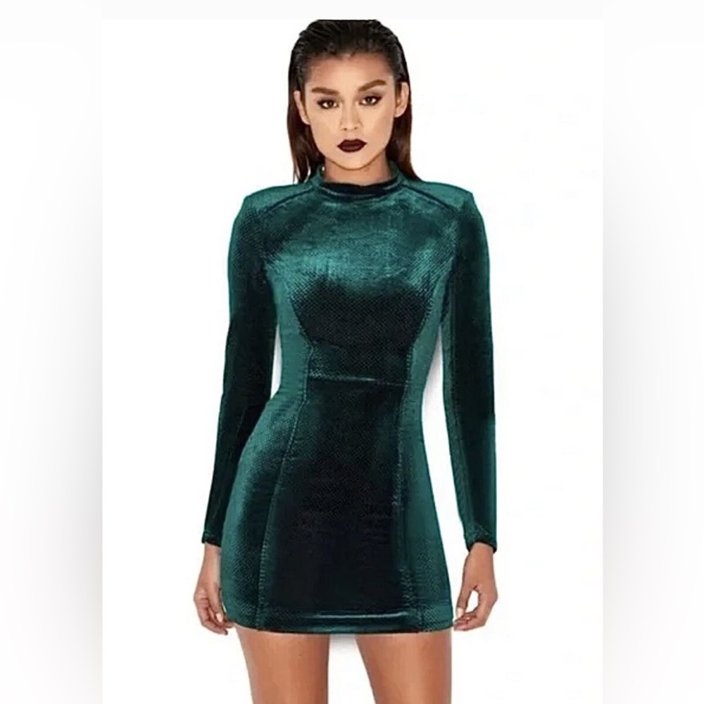 HOUSE OF CB London Isaura Green Velvet Long Sleeve Mini Dress Women’s Size L
